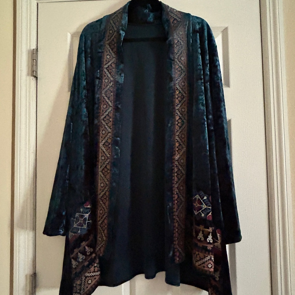 ANDREE BY UNIT Teal Embroidered Velvet Duster Kimono Open Cardigan 1X
